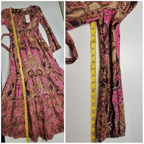 A Loves A Linen Blend Pink Tan Burgundy Paisley Printed Long Sleeve Maxi Dress - Picture 16 of 16